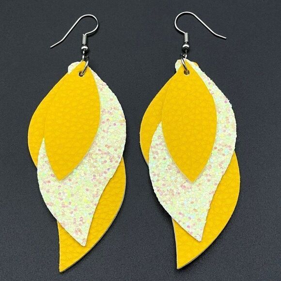 Yellow Faux Leather with Sequin Layered Leaf 316L Stainless Steel Hook Earrings - Picture 2 of 10
